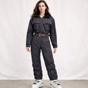 Obermeyer Womens L'Hiver Ski Suit Black Leather Belt Utility Faux Fur Size 12